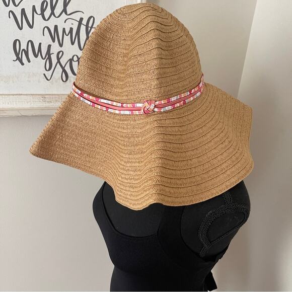 Vera Bradley Floral Trim Floppy Straw Hat Pixie Stripe Tan Pink NEW - Picture 4 of 5